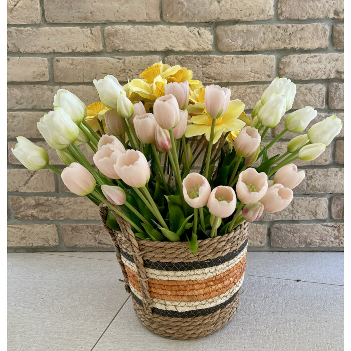 A bouquet of white latex tulips