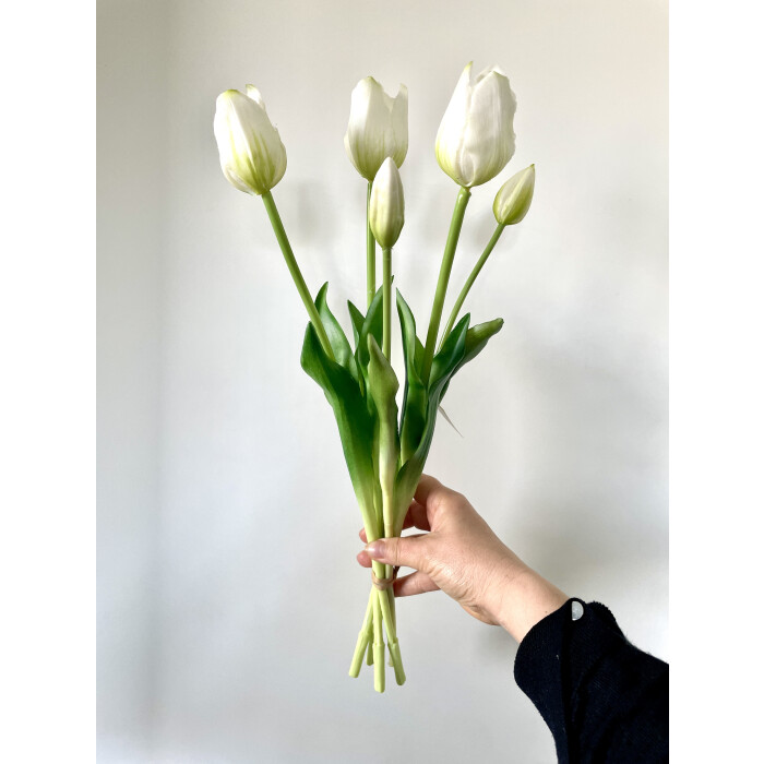 A bouquet of white latex tulips