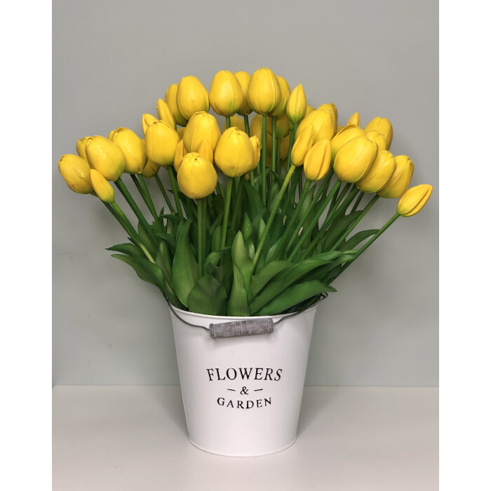 A bouquet of round yellow latex tulips