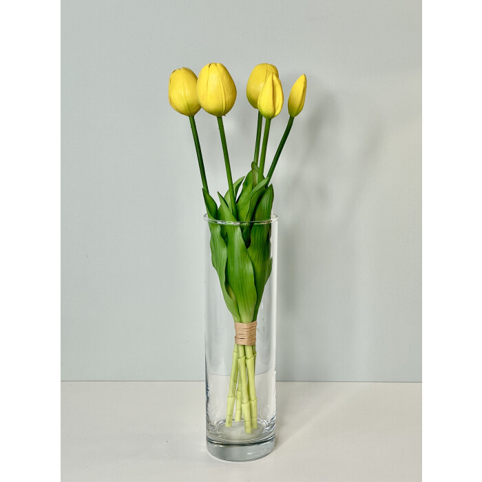 A bouquet of round yellow latex tulips