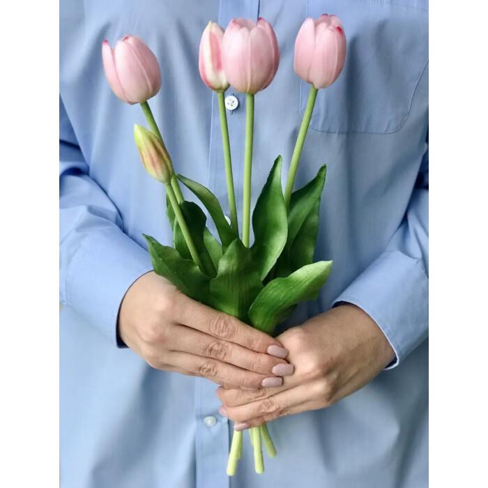 A bouquet of latex tulips, 3 flowers and 2 pale pink buds