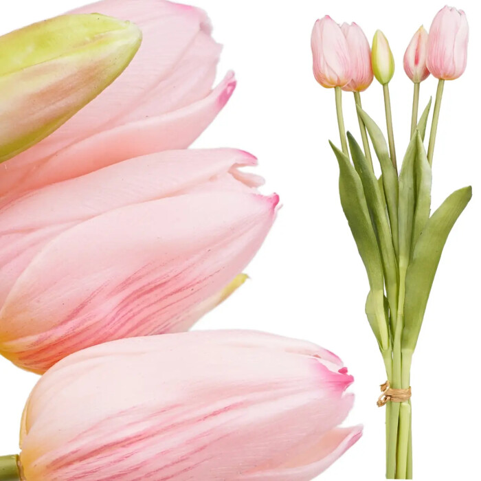 A bouquet of latex tulips, 3 flowers and 2 pale pink buds