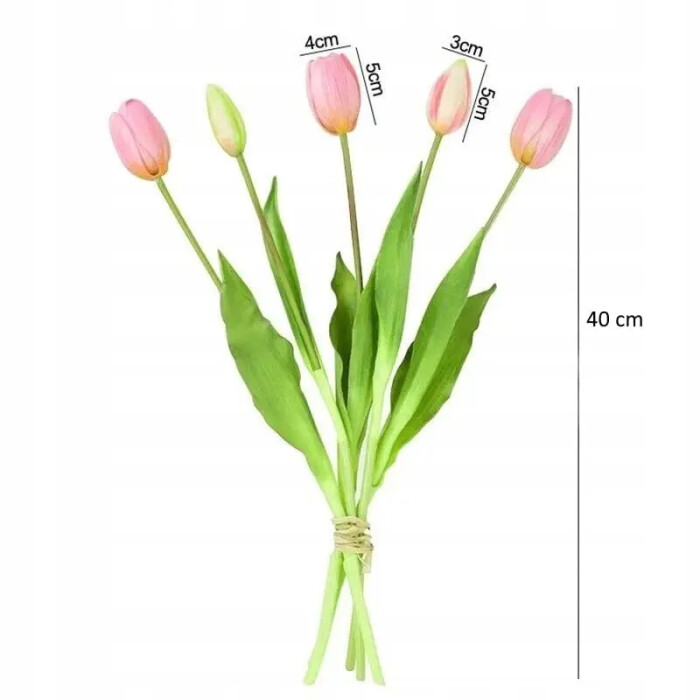 A bouquet of latex tulips, 3 flowers and 2 pale pink buds